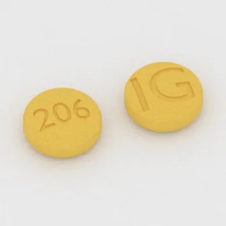 Citalopram 10 mg Tablette: gelb, rund, 6 mm, Prägung 206 auf der einen Seite und IG auf der anderen.