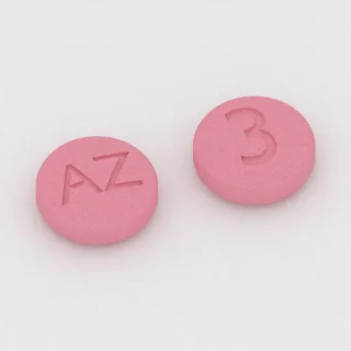 Aripiprazole 10 mg tablet: pink, round, 6 mm, imprinted AZ on one side and 3 on the other.