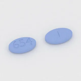 Carbidopa and levodopa 25 mg / 250 mg tablet: blue, oval, 15 mm, scored, imprinted 654.