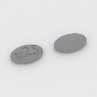 Tablet Brivarasetam 25 mg: abu-abu, oval, 9 mm, dengan kode cetak u25.