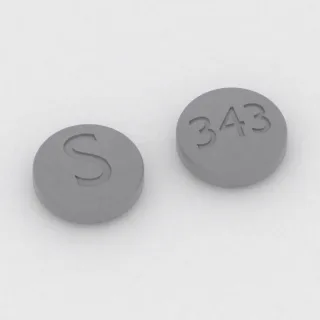 Benazepril 20 mg tablet: gray, round, 8 mm, imprinted S on one side and 343 on the other.