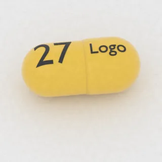 Benzonatat 200 mg Kapsel: gelb, 11 mm, Prägung Logo auf der einen Seite und 27 auf der anderen.