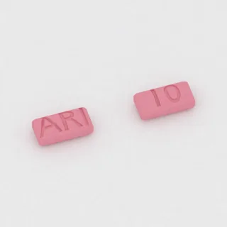Aripiprazole 10 mg tablet: pink, rectangular, 8 mm, imprinted ARI on one side and 10 on the other.