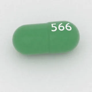 Chlordiazepoxide 25 mg capsule: green, 14 mm, imprinted 566.