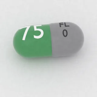 Kariprazyna 0.75 mg, kapsułka: szara, zielona i niebieska, 14 mm, z oznaczeniem FL 0 75.