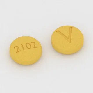 Amitriptilina, tableta de 25 mg: amarilla, redonda, 6 mm, con la inscripción 2102 en una cara y V en la otra.