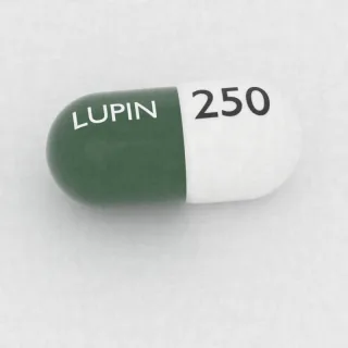 كبسولة سيفالكسين 250 mg: أبيض وأخضر، 18 مم، النقش 250 على أحد الوجهين وLUPIN على الوجه الآخر.