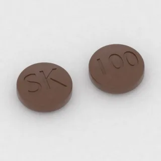 सेनोबामेट 100 mg टैबलेट: भूरा, गोल, 10 mm, एक तरफ़ इम्प्रिंट SK और दूसरी तरफ़ 100।