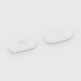 Buspirone 5 mg tablet: white, capsule-shaped, 8 mm, scored, imprinted 98.