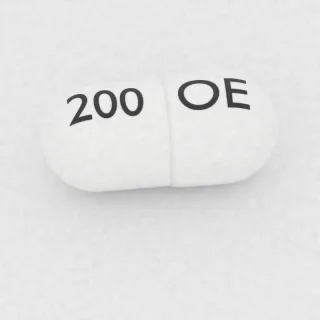 Celecoxib 200 mg capsule: white, 18 mm, imprinted OE on one side and 200 on the other.