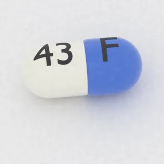 Atomoxetine 25 mg capsule: blue and white, 14 mm, imprinted F on one side and 43 on the other.
