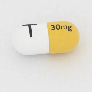 Amphetamine and dextroamphetamine 7.5 mg / 7.5 mg / 7.5 mg / 7.5 mg capsule: yellow and white, 19 mm, imprinted 30mg on one side and T on the other.