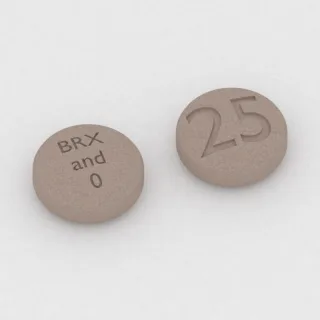 ब्रेक्सपिप्राज़ोल 0.25 mg टैबलेट: भूरा, गोल, 6 mm, इम्प्रिंट BRX and 0 25।