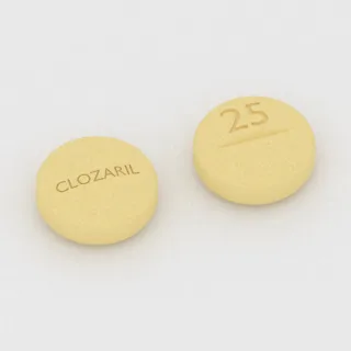 क्लोज़ापिन 25 mg टैबलेट: पीला, गोल, 7 mm, विभाजन रेखा सहित, एक तरफ़ इम्प्रिंट CLOZARIL और दूसरी तरफ़ 25।