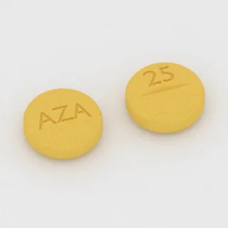 Azathioprine 25 mg tablet: yellow, round, 7 mm, scored, imprinted AZA on one side and 25 on the other.