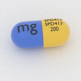 Carbamazepine 200 mg capsule: yellow and blue, 20 mm, imprinted SPD417 SPD417 200 mg.