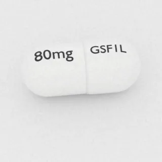 Carvedilol 80 mg capsule: white, 22 mm, imprinted GSF1L on one side and 80mg on the other.