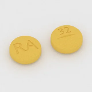 Azathioprine 50 mg tablet: yellow, round, 8 mm, scored, imprinted RA on one side and 32 on the other.