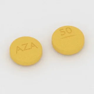 Azathioprine 50 mg tablet: yellow, double-circle, 10 mm, scored, imprinted AZA on one side and 50 on the other.