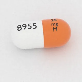Amphetamine and dextroamphetamine 6.25 mg / 6.25 mg / 6.25 mg / 6.25 mg capsule: orange and white, 19 mm, imprinted 25 mg M 8955.