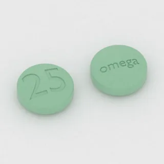 Chlorpromazine 25 mg tablet: green, round, 10 mm, imprinted 25 on one side and omega on the other.