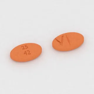 Clonidine 0.200 mg tablet: orange, oval, 8 mm, scored, imprinted 25 42 V.