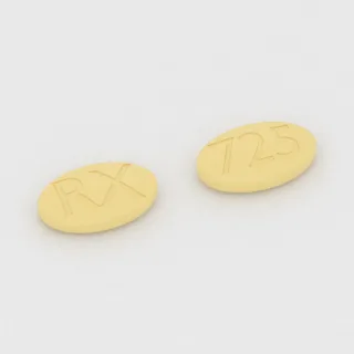Clarithromycin 250 mg Tablette: gelb, oval, 16 mm, Prägung RX auf der einen Seite und 725 auf der anderen.