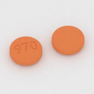 Buprenorfin ve nalokson 8 mg / 2 mg tablet: turuncu, yuvarlak, 10 mm, üzerinde 970 baskısı var.