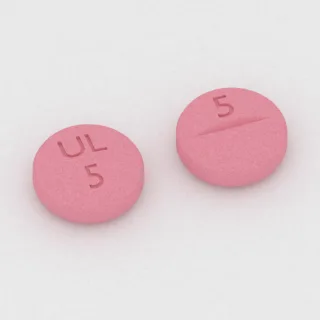 Bisoprolol 5 mg tablet: pink, round, 6 mm, scored, imprinted UL 5 5.