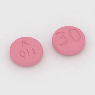 Aripiprazole 30 mg tablet: pink, round, 9 mm, imprinted A 011 30.