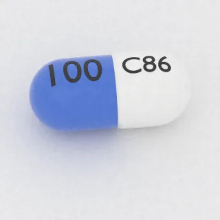 Celecoxib 100 mg capsule: white and blue, 16 mm, imprinted C86 on one side and 100 on the other.