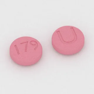Aripiprazole 20 mg tablet: pink, round, 8 mm, imprinted 179 on one side and U on the other.