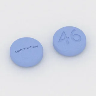 Carbidopa and levodopa 10 mg / 100 mg tablet: blue, round, 8 mm, imprinted UpArrowhead on one side and 46 on the other.