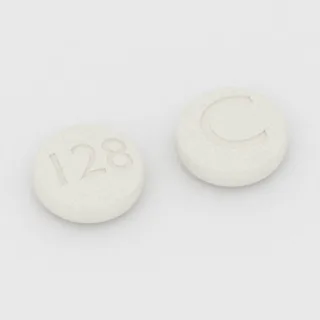 Amlodipine 10 mg tablet: white, round, 8 mm, imprinted 128 on one side and C on the other.