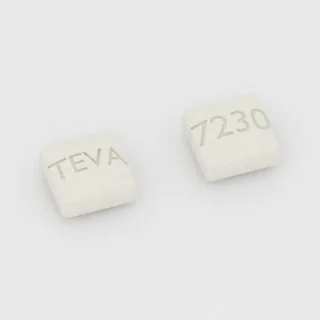 Cilostazol 50 mg tablet: white, square, 6 mm, imprinted TEVA on one side and 7230 on the other.
