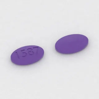 Brivaracetam 75 mg tablet: purple, oval, 13 mm, imprinted 1587.