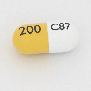 Celecoxib 200 mg capsule: white and yellow, 18 mm, imprinted C87 on one side and 200 on the other.