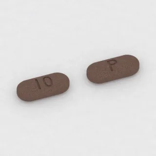 Aripiprazole 10 mg tablet: brown, capsule-shaped, 8 mm, imprinted 10 on one side and P on the other.
