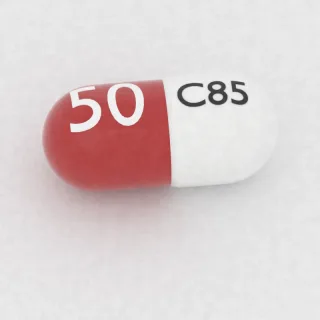 Celecoxib 50 mg capsule: white and red, 14 mm, imprinted C85 on one side and 50 on the other.