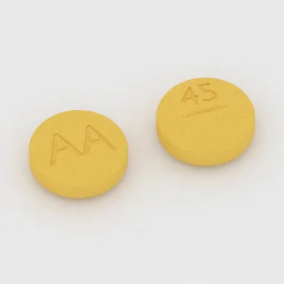 Azathioprine 100 mg tablet: yellow, round, 11 mm, scored, imprinted AA on one side and 45 on the other.