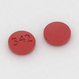 Benazepril 10 mg tablet: red, round, 5 mm, imprinted 342.