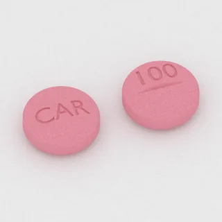 Carbamazepine 100 mg tablet: pink, round, 8 mm, scored, imprinted CAR on one side and 100 on the other.