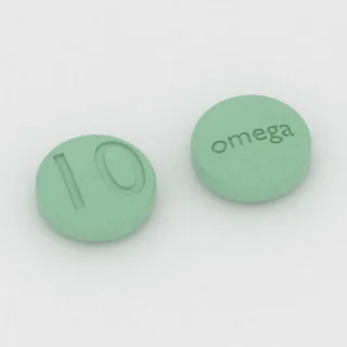 Chlorpromazine 10 mg tablet: green, round, 7 mm, imprinted 10 on one side and omega on the other.
