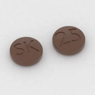 Cenobamate 25 mg tablet: brown, round, 8 mm, imprinted SK on one side and 25 on the other.